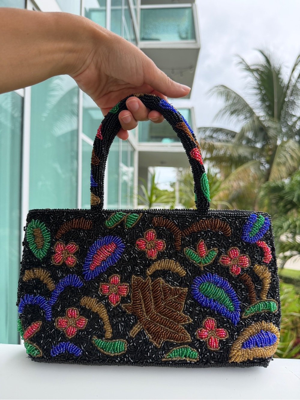 Vintage 70s Hand Beaded Floral Purse Black Beaded Bag Boho Art Deco Evening Bag